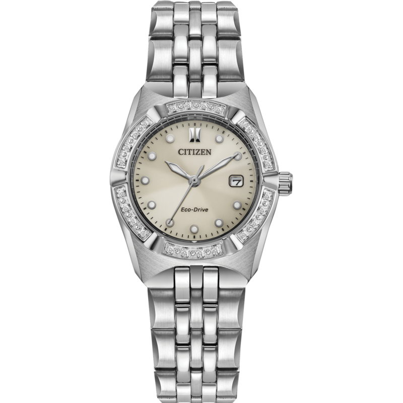 LADIES CITIZEN ECO DRIVE CORSO DIAMOND WATCH STAINLESS STEEL CASE WITH DIAMOND ACCENTS  BRACELET STRAP AND TAUPE DIAL