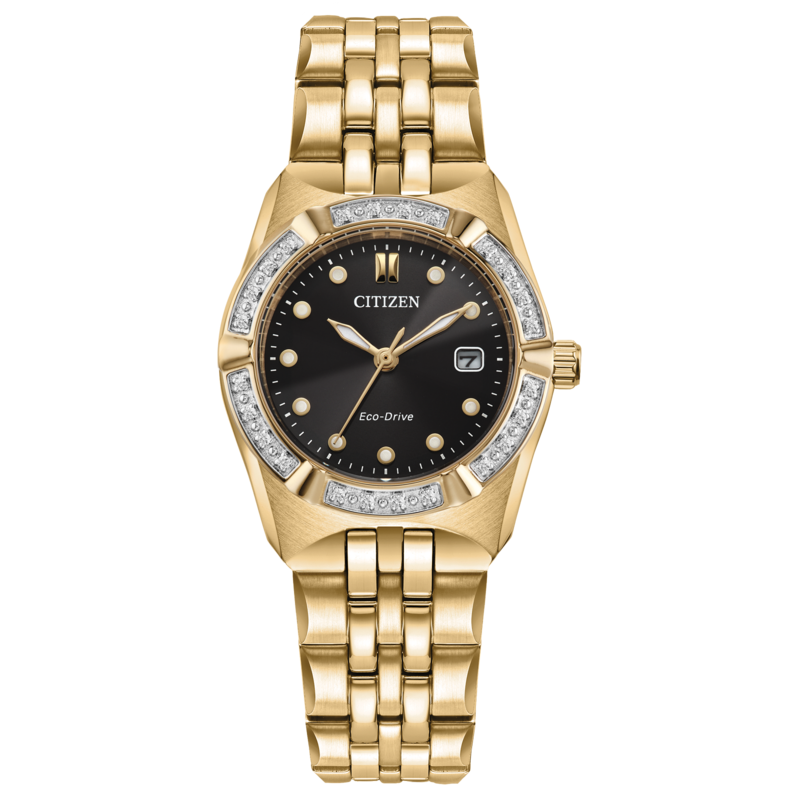 LADIES CITIZEN ECO DRIVE CORSO DIAMOND WATCH GOLD TONE STAINLESS STEEL CASE WITH DIAMOND ACCENTS  BRACELET STRAP AND BLACK DIAL