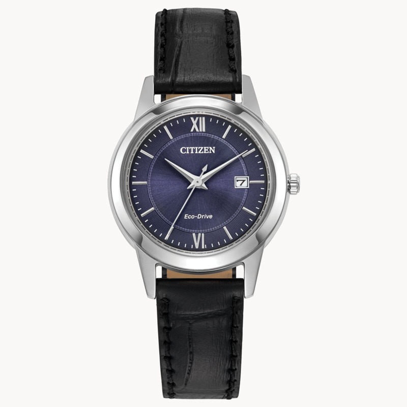 LADIES ECO DRIVE CLASSIC WATCH WITH STAINLESS CASE  BLUE DIAL  AND BLACK LEATHER STRAP
