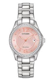 CITIZEN LADIES SILHOUETTE CRYSTAL STAINLESS STEEL CASE AND BAND AND BLUSH PINK DIAL ECO DRIVE