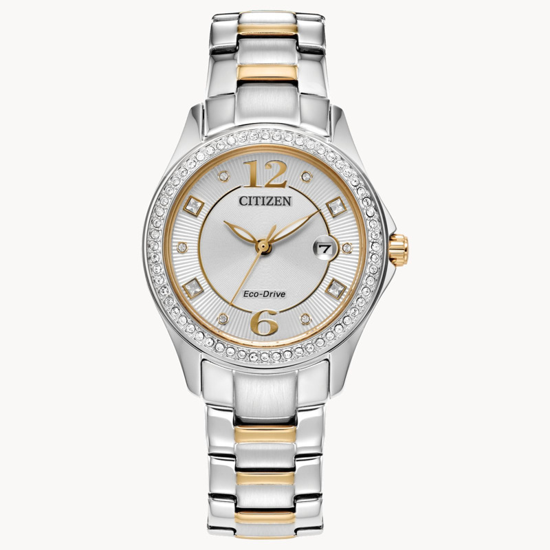 LADIES ECO DRIVE CRYSTAL WATCH TWO TONE BRACELET AND DIAL WITH 70 CRYSTALS ON THE CASE