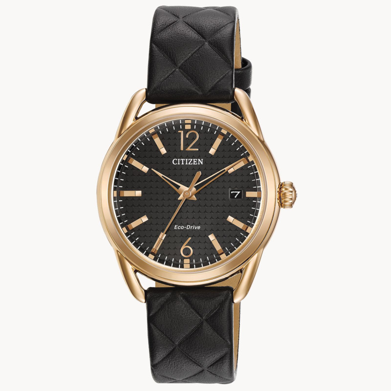 LADIES CITIZEN ECO-DRIVE BLACK QUILTED LEATHER BLACK FACE GOLD TONE WATCH