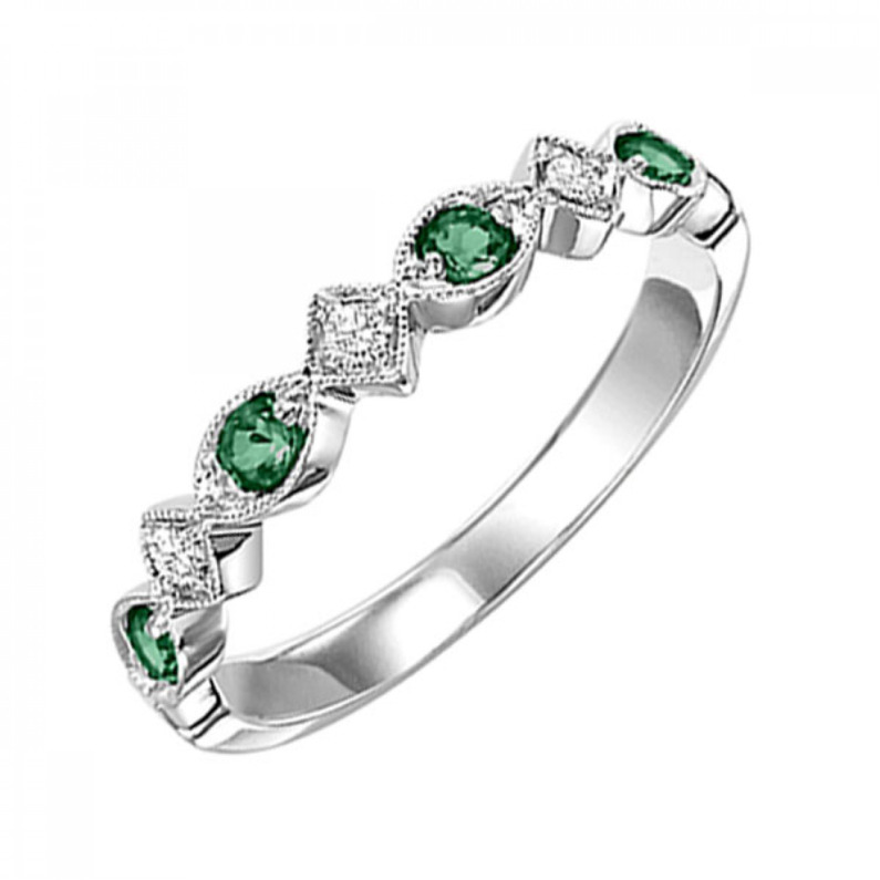 10K WHITE GOLD MILGRAIN STACKABLE RING SIZE 7 WITH 4=0.16TW ROUND EMERALDS AND 3=0.05TW ROUND H-I I1 DIAMONDS   (1.38 GRAMS)