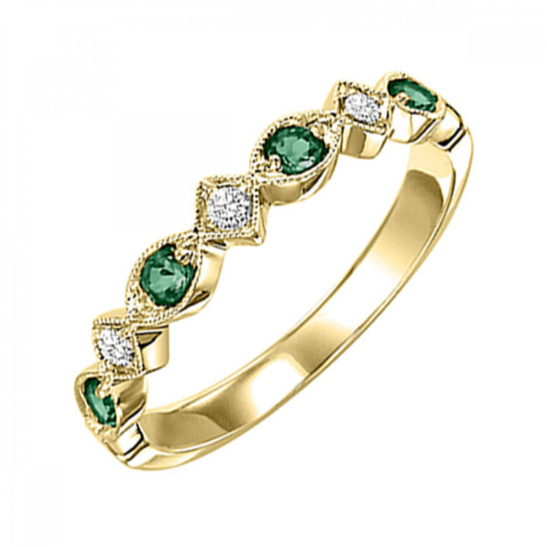 10K YELLOW GOLD STACKABLE RING WITH 4=0.16TW ROUND EMERALDS AND 3=0.05TW ROUND I I1 DIAMONDS   (1.30 GRAMS)