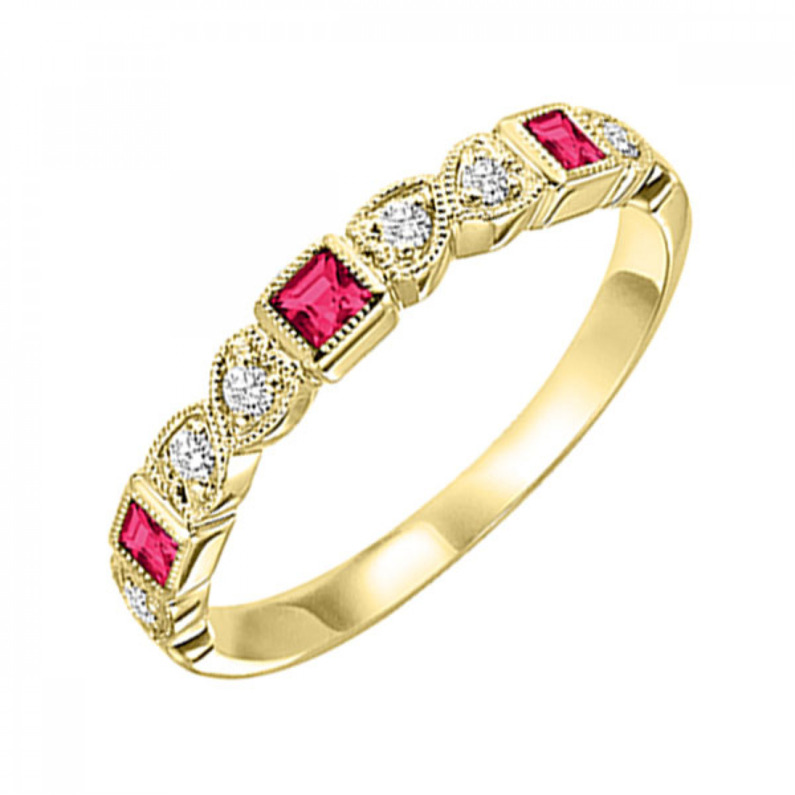 10K YELLOW GOLD STACKABLE RING SIZE 7 WITH 3=0.20TW SQUARE RUBYS AND 6=0.10TW ROUND I I1-I2 DIAMONDS   (1.53 GRAMS)