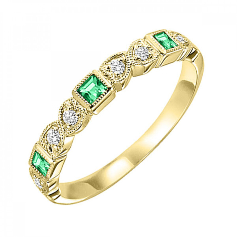 MILGRAIN 10K YELLOW GOLD STACKABLE RING SIZE 7 WITH 3=0.17TW PRINCESS EMERALDS AND 6=0.10TW ROUND H-I I1 DIAMONDS