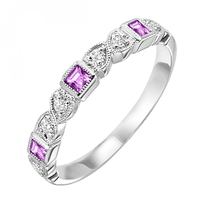 10K WHITE GOLD STACKABLE RING SIZE 7 WITH 3=0.13TW PRINCESS PINK SAPPHIRES AND 6=0.08TW ROUND I I1-I2 DIAMONDS