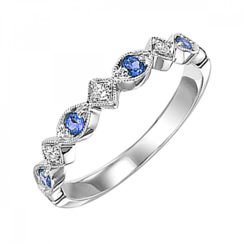 10 KARAT WHITE GOLD STACKABLE RING SIZE 7 WITH 3=0.05TW ROUND I COLOR I1 CLARITY DIAMONDS AND 4=0.17TW ROUND SAPPHIRES  (1.37 GRAMS)