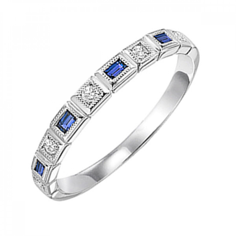 10K WHITE GOLD STACKABLE RING SIZE 7 WITH 4=0.12TW BAGUETTE BLUE SAPPHIRES AND 5=0.05TW ROUND H-I I1 DIAMONDS   (1.44 GRAMS)