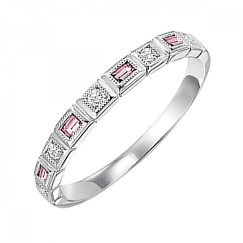 10K WHITE GOLD MILGRAIN STACKABLE RING SIZE 7 WITH 4=0.14TW BAGUETTE PINK TOURMALINES AND 5=0.10TW ROUND H-I I1 DIAMONDS   (1.37 GRAMS)