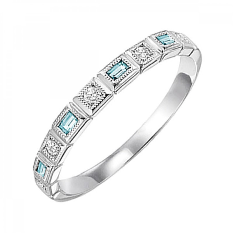 10 KARAT WHITE GOLD STACKABLE RING SIZE 7 WITH 5=0.10TW ROUND I COLOR I1 CLARITY DIAMONDS AND 4=0.16TW BAGUETTE BLUE TOPAZS