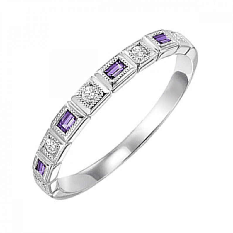10K WHITE GOLD STACKABLE RING SIZE 7 WITH 3=0.13TW PRINCESS AMETHYSTS AND 5=0.10TW ROUND I I1 DIAMONDS   (1.51 GRAMS)