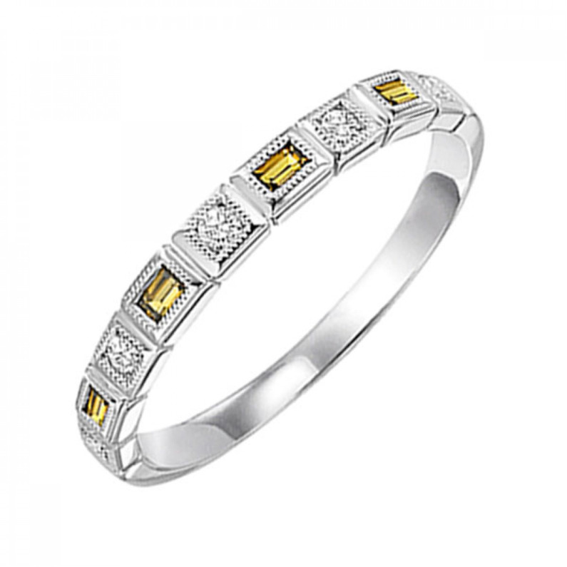 10K WHITE GOLD MILGRAIN STACKABLE RING SIZE 7 WITH 5=0.10TW ROUND I I1 DIAMONDS AND 4=0.12TW BAGUETTE CITRINES