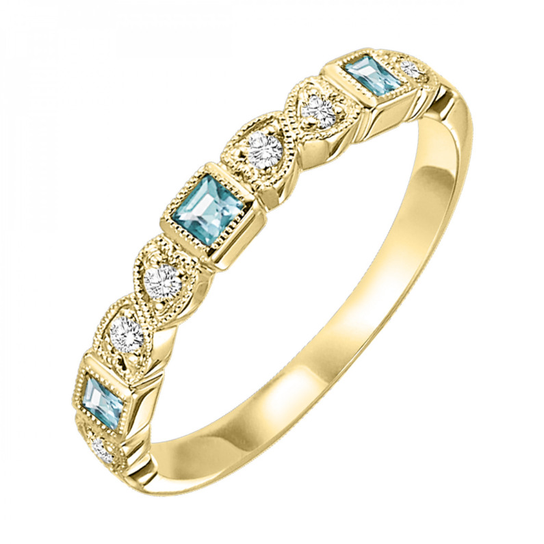 10K YELLOW GOLD STACKABLE RING SIZE 7 WITH 3=0.17TW PRINCESS BLUE TOPAZS AND 6=0.10TW ROUND I I1 DIAMONDS  (1.14 GRAMS)