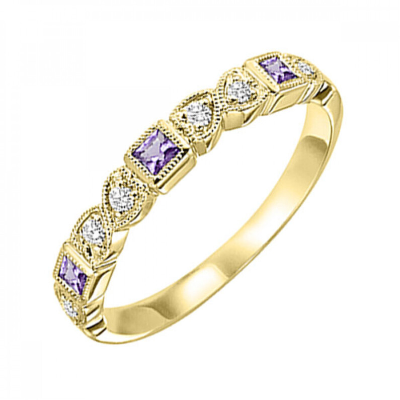 10K YELLOW GOLD MILGRAIN STACKABLE RING SIZE 7 WITH 3=0.20TW PRINCESS AMETHYSTS AND 6=0.08TW ROUND H-I I1 DIAMONDS