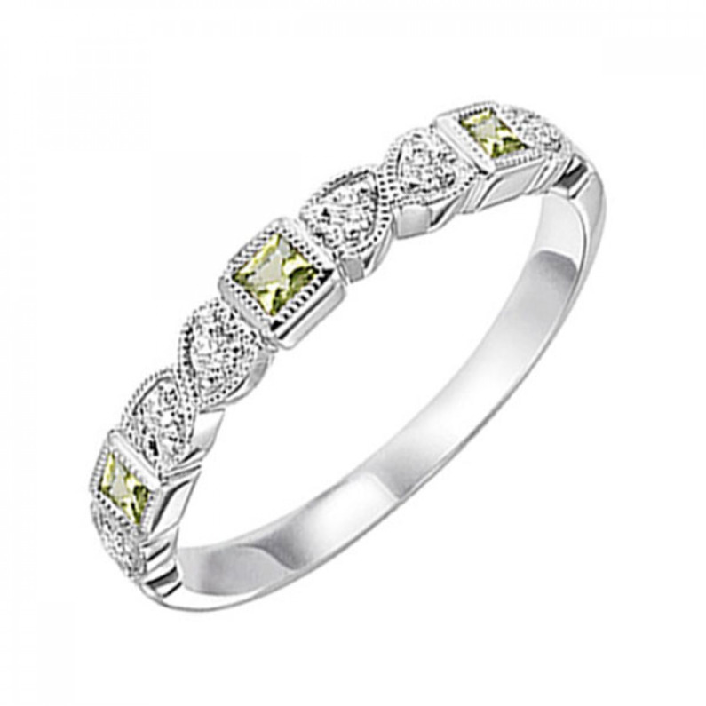 10K WHITE GOLD STACKABLE RING SIZE 7 WITH 3=0.14TW PRINCESS PERIDOTS AND 6=0.10TW ROUND H-I I1 DIAMONDS