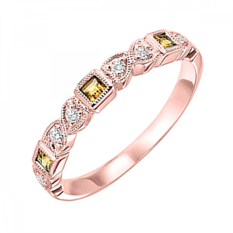 10 KARAT ROSE GOLD STACKABLE RING SIZE 10 WITH 3=0.14TW PRINCESS CITRINES AND 6=0.08TW ROUND H-I COLOR I1 CLARITY DIAMONDS  (1.55 GRAMS)