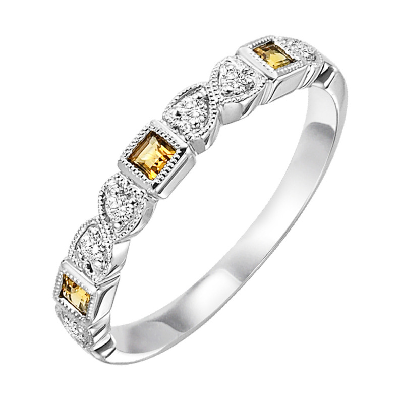 10 KARAT WHITE GOLD STACKABLE RING SIZE 10 WITH 3=0.14TW PRINCESS CITRINES AND 6=0.10TW ROUND I COLOR I1 CLARITY DIAMONDS