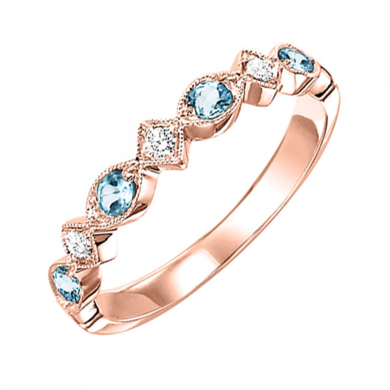 10K ROSE GOLD STACKABLE RING SIZE 7 WITH 4=0.17TW ROUND BLUE TOPAZS AND 3=0.05TW ROUND I I1 DIAMONDS   (1.60 GRAMS)