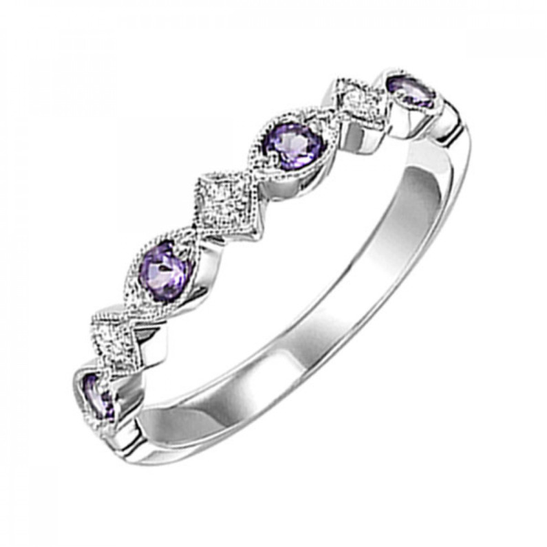 10 KARAT WHITE GOLD STACKABLE RING SIZE 7 WITH 3=0.05TW ROUND I COLOR I1 CLARITY DIAMONDS AND 4=0.16TW ROUND AMETHYSTS  (1.53 GRAMS)