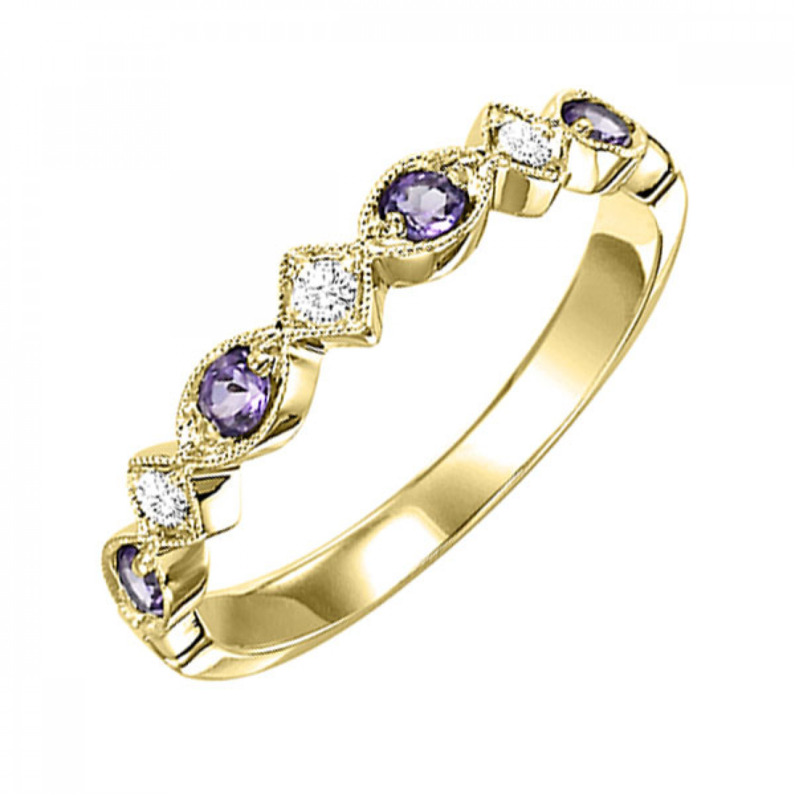10K YELLOW GOLD STACKABLE RING SIZE 7 WITH 4=0.17TW ROUND AMETHYSTS AND 3=0.05TW ROUND I I1 DIAMONDS   (1.43 GRAMS)