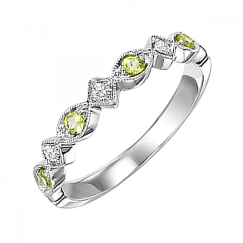 10K WHITE GOLD STACKABLE RING SIZE 7 WITH 4=0.17TW ROUND PERIDOTS AND 3=0.05TW ROUND I I1 DIAMONDS   (1.50 GRAMS)