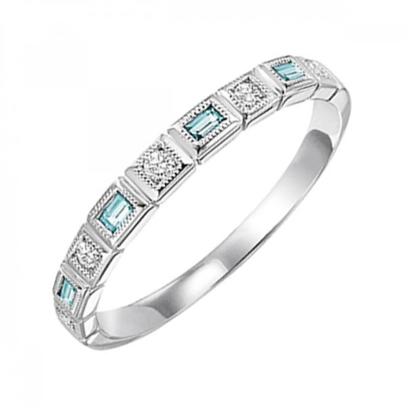 10 KARAT WHITE GOLD STACKABLE RING SIZE 7 WITH 5=0.08TW ROUND I COLOR I1 CLARITY DIAMONDS AND 4=0.12TW BAGUETTE AQUAS