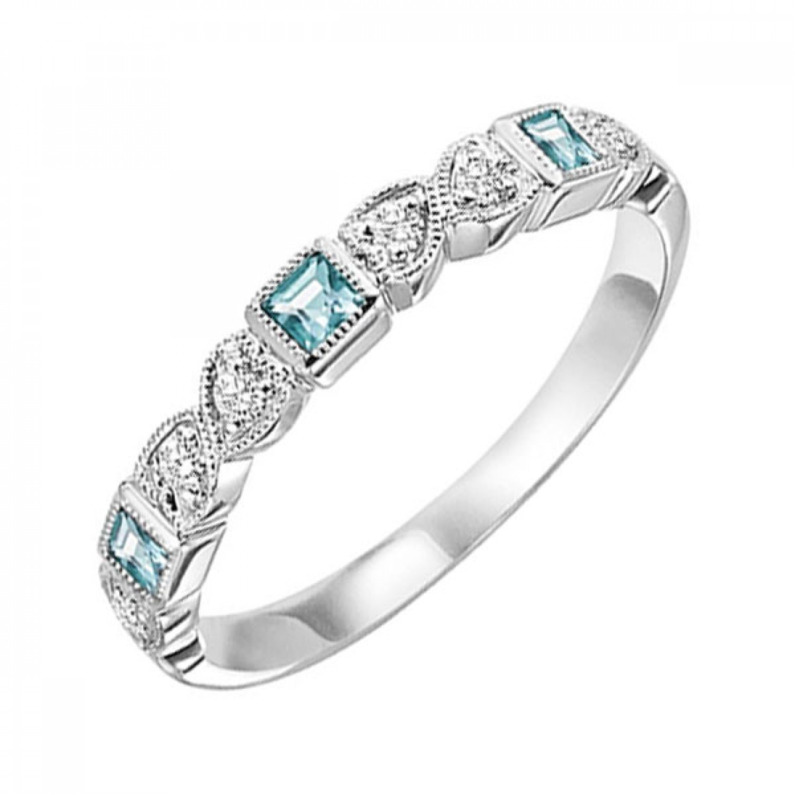10K WHITE GOLD STACKABLE RING SIZE 7 WITH 3=0.17TW PRINCESS AQUAS AND 6=0.10TW ROUND H-I I1 DIAMONDS   (1.41 GRAMS)