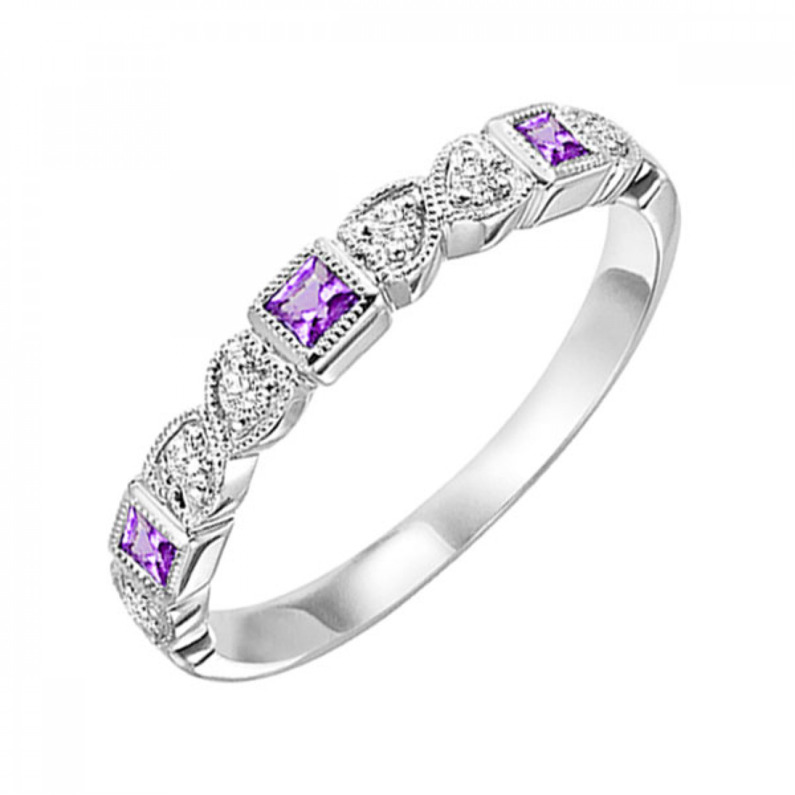 10K WHITE GOLD STACKABLE RING SIZE 7 WITH 6=0.08TW ROUND H-I I1 DIAMONDS AND 3=0.16TW PRINCESS CREATED ALEXANDRITES  (1.49 GRAMS)