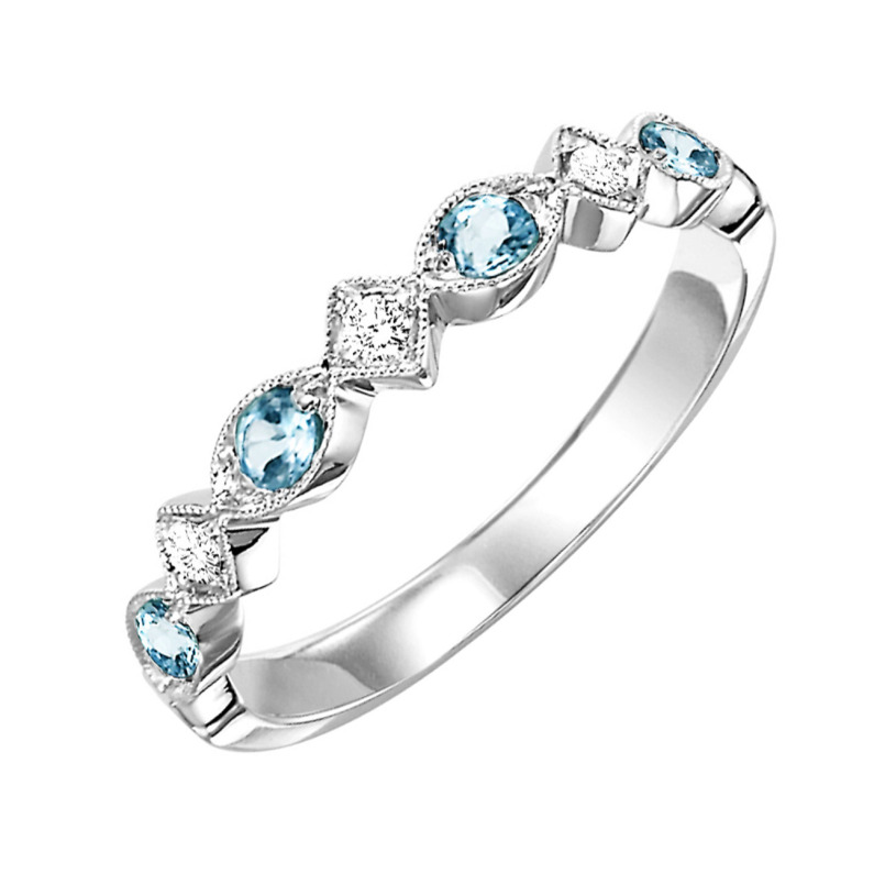 10K WHITE GOLD MILGRAIN STACKABLE RING SIZE 7 WITH 4=0.17TW ROUND AQUAS AND 3=0.05TW ROUND H-I I1 DIAMONDS  (1.43 GRAMS)