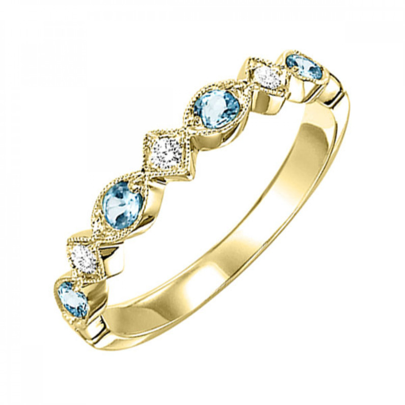 10K YELLOW GOLD STACKABLE RING SIZE 7 WITH 4=0.17TW ROUND AQUAS AND 3=0.05TW ROUND I I1 DIAMONDS  (1.42 GRAMS)