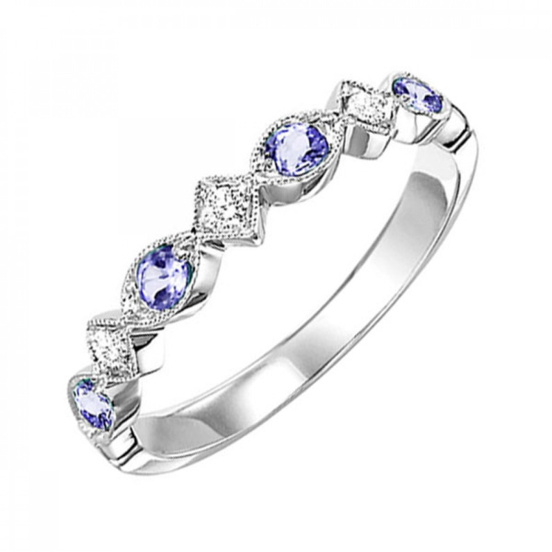10K WHITE GOLD MILGRAIN STACKABLE RING SIZE 7 WITH 4=0.16TW ROUND CREATED ALEXANDRITES AND 3=0.05TW ROUND H-I I1 DIAMONDS  (1.41 GRAMS)