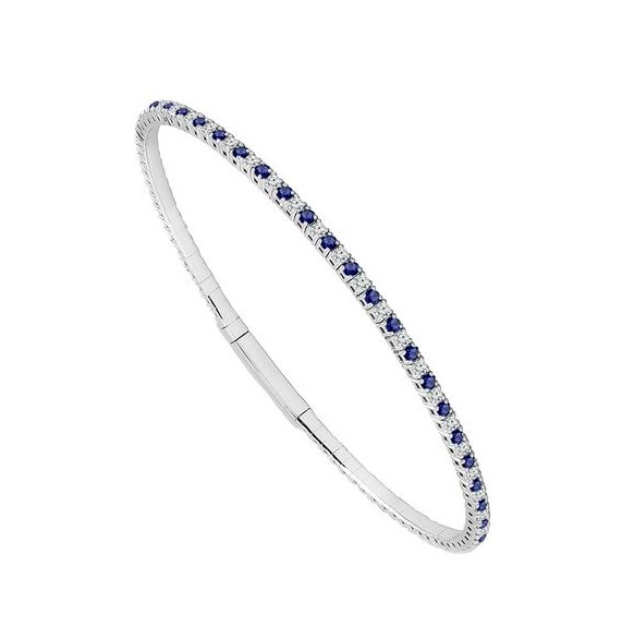 14K WHITE GOLD FLEXIBLE BANGLE BRACELET WITH 43=1.29TW ROUND BLUE SAPPHIRES AND 42=0.75TW ROUND I-J I1 DIAMONDS   (5.99 GRAMS)