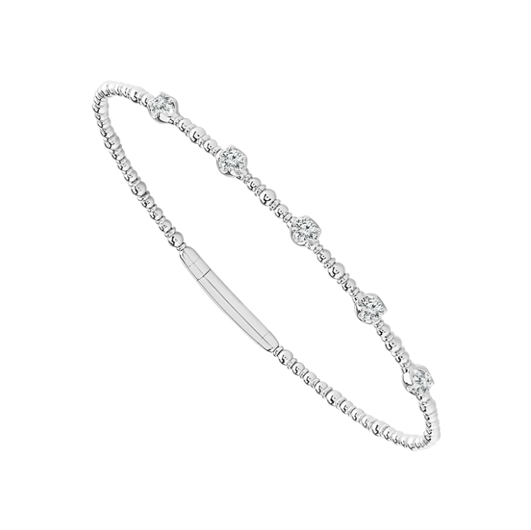 14K WHITE GOLD BEADED DIAMOND FLEXI BANGLE BRACELET WITH 5 0.31TW ROUND I-J I1 DIAMONDS   (5.56 GRAMS)