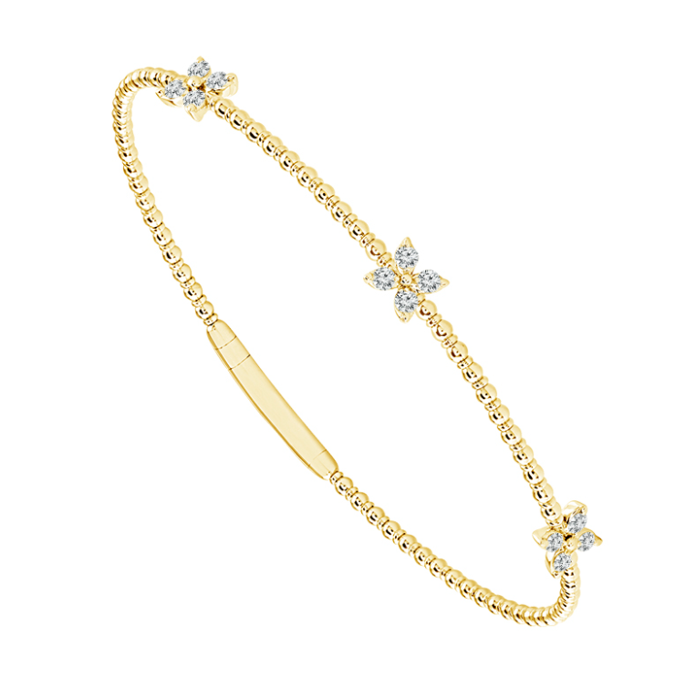 14K YELLOW GOLD BEADED BANGLE DIAMOND BRACELET WITH 12=0.34TW ROUND I-J I1 DIAMONDS   (5.21 GRAMS)