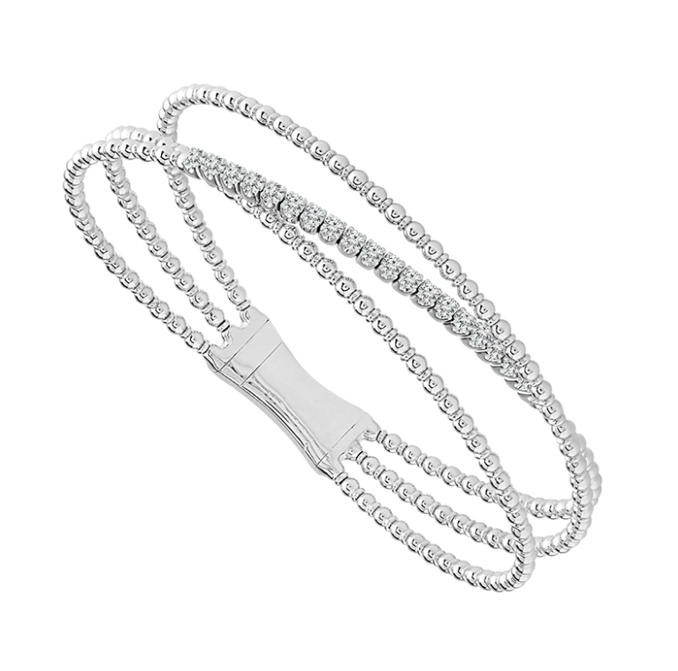 14K WHITE GOLD BEADED FLEXI CRISSCROSS DIAMOND BANGLE BRACELET WITH 20 0.63TW ROUND I-J I1 DIAMONDS   (16.72 GRAMS)