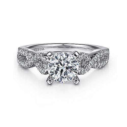 14K WHITE GOLD KAYLA COLLECTION TWIST SEMI-MOUNT RING SIZE 6.5 WITH 50=0.38TW ROUND G-H SI2 DIAMONDS