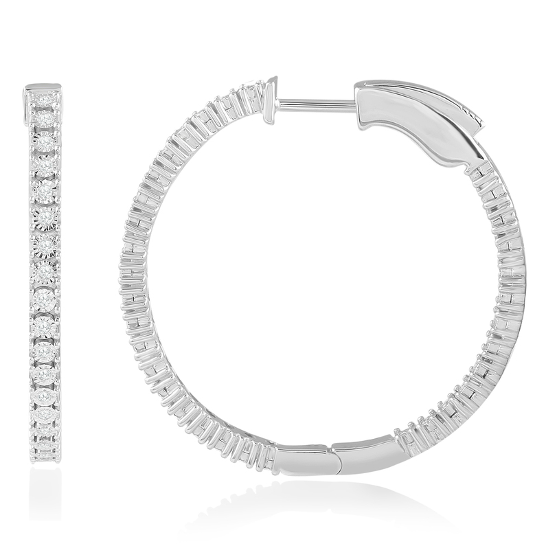 14 KARAT WHITE GOLD INSIDE OUT HOOP DIAMOND EARRINGS WITH 26=0.52TW ROUND H-I I1 DIAMONDS   (5.20 GRAMS)