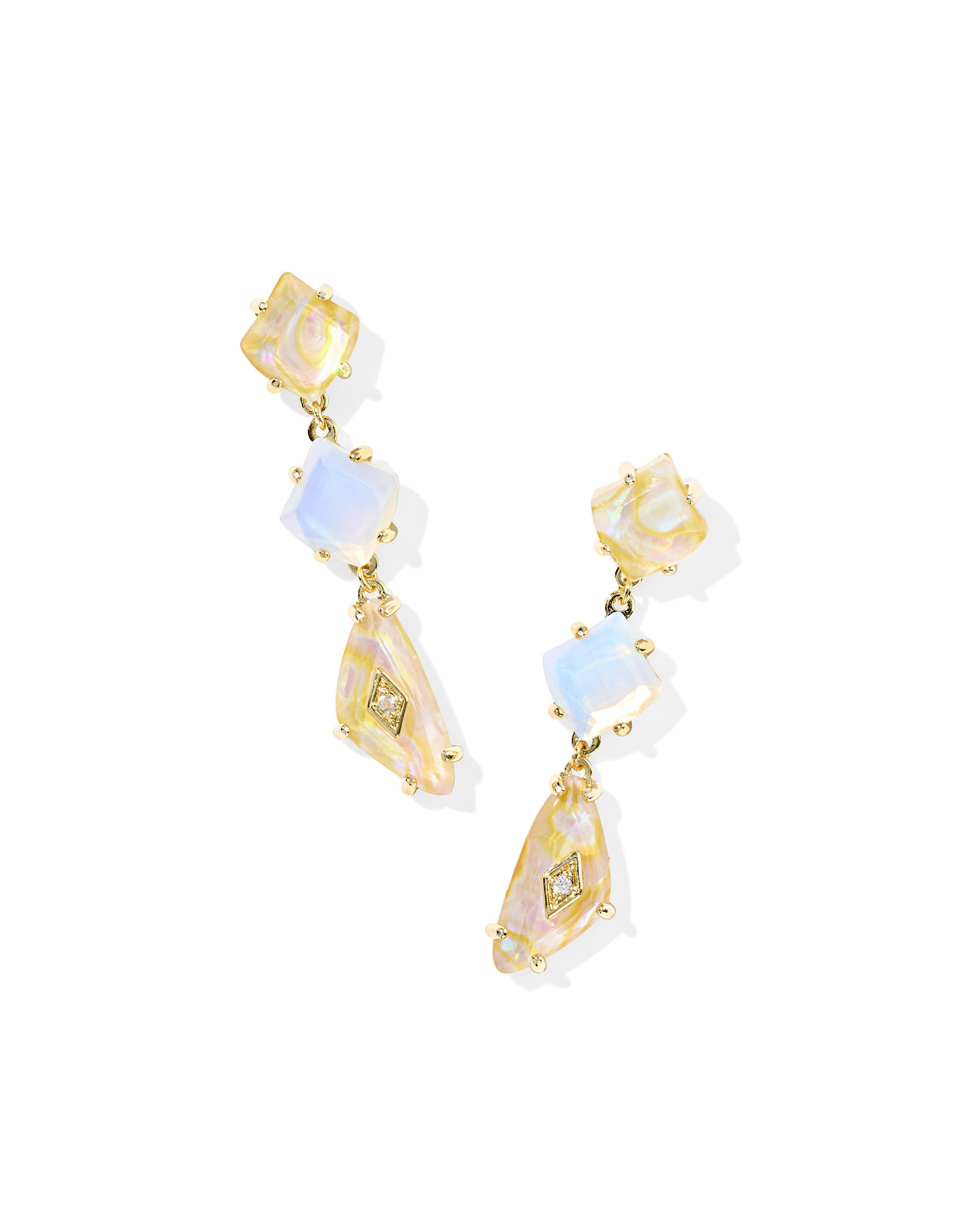 KENDRA SCOTT BIANCA COLLECTION 14K YELLOW GOLD PLATED BRASS FASHION LINEAR DANGLE EARRINGS IN IRIDESCENT WHITE MIX