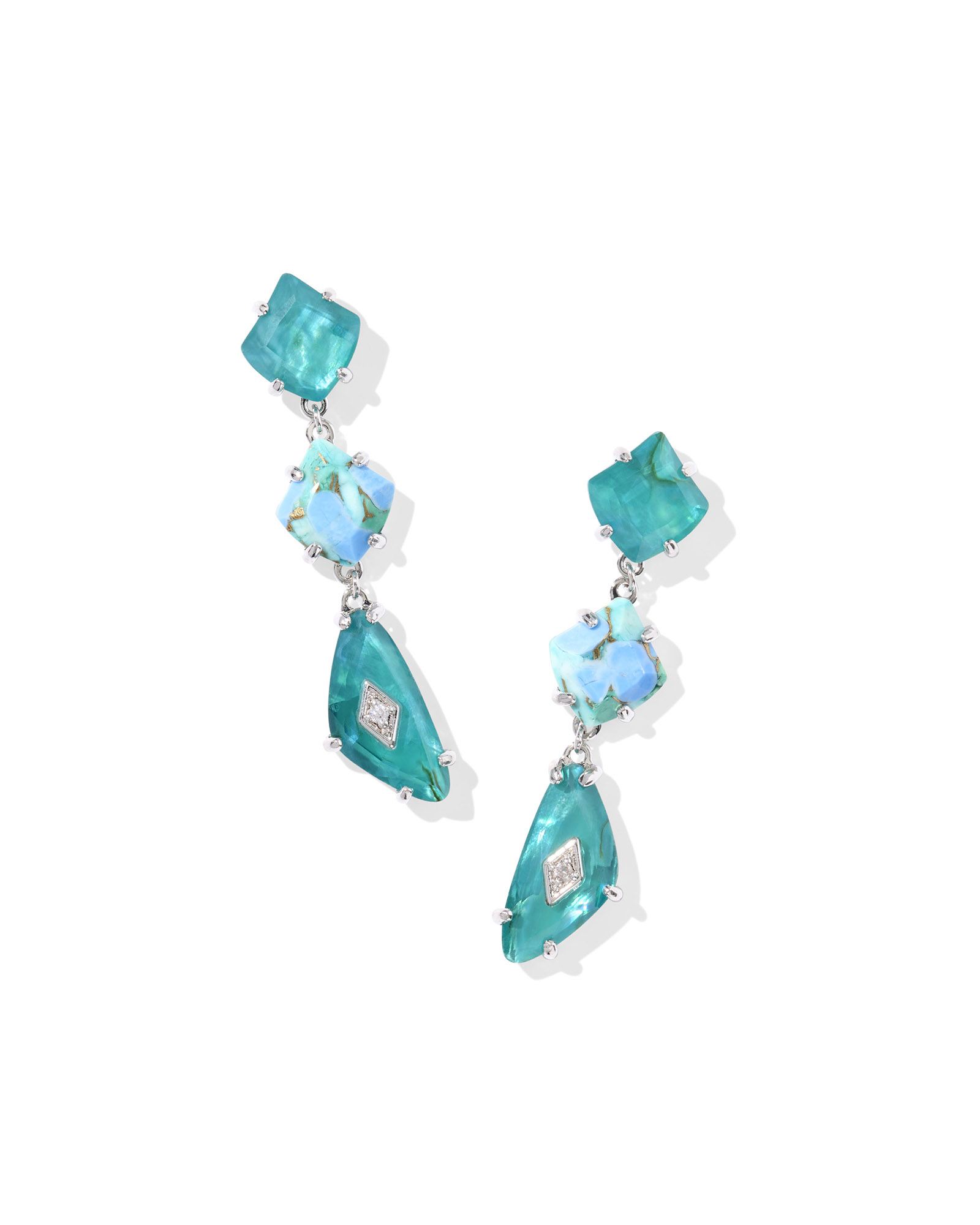 KENDRA SCOTT BIANCA COLLECTION RHODIUM PLATED BRASS FASHION LINEAR DANGLE EARRINGS IN BRIGHT AQUA MIX