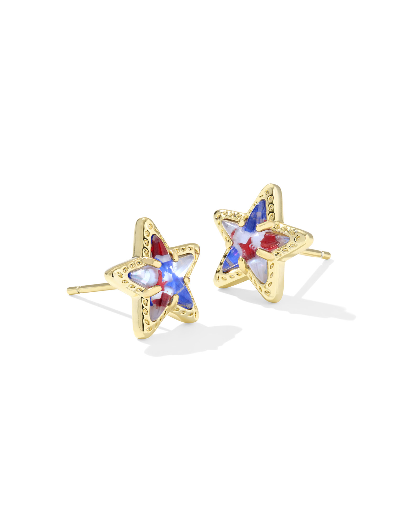 KENDRA SCOTT CASSIDY COLLECTION 14K YELLOW GOLD PLATED BRASS FASHION STUD STAR EARRINGS IN RED  WHITE  AND BLUE ILLUSION