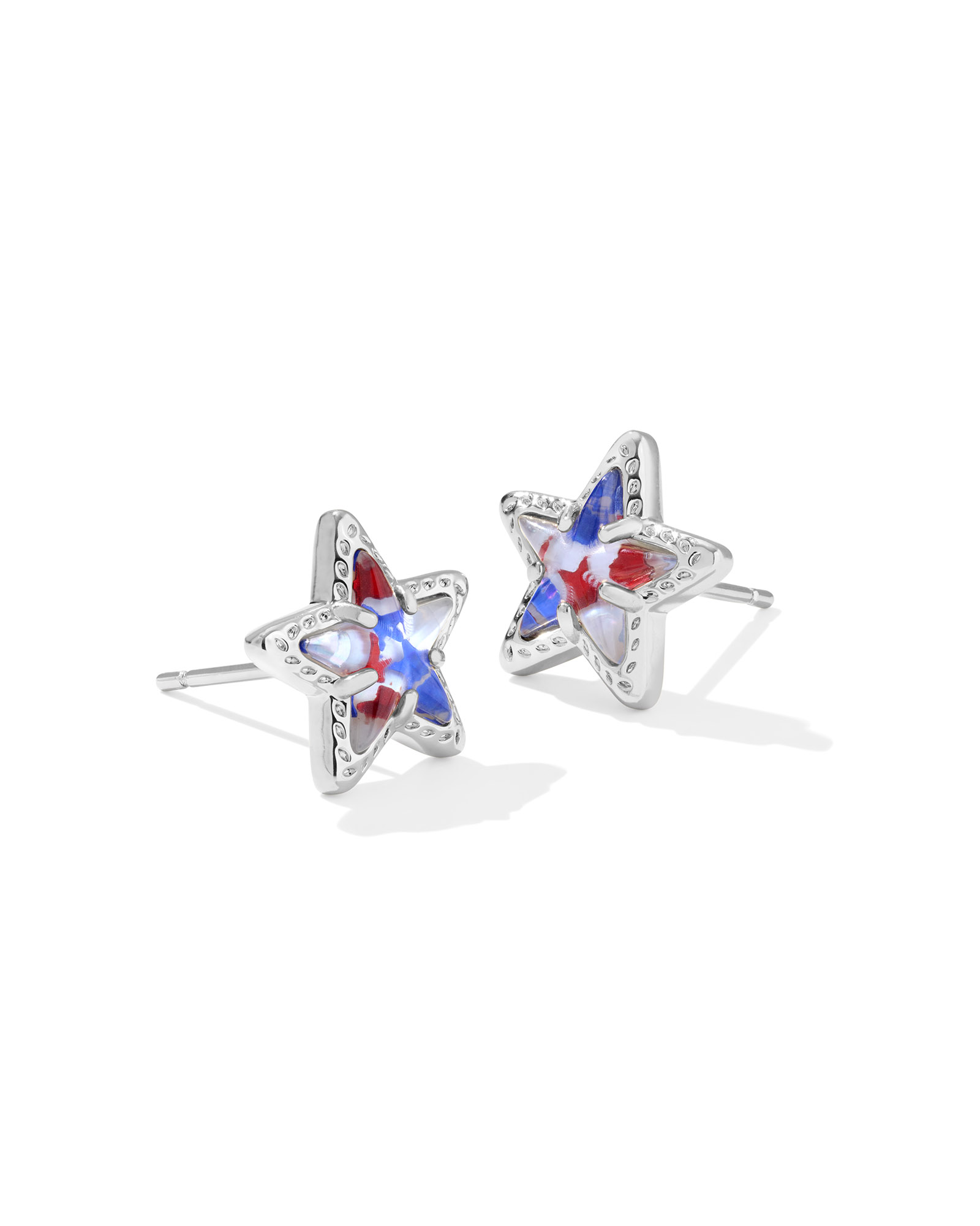 KENDRA SCOTT CASSIDY COLLECTION RHODIUM PLATED BRASS FASHION STUD STAR EARRINGS IN RED  WHITE  AND BLUE ILLUSION