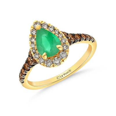 LE VIAN 14K HONEY GOLD HALO RING SIZE 7 ONE 0.50CT PEAR COSTA SMERALDA EMERALD  16=0.24TW ROUND VS2-SI1 NUDE DIAMONDS  AND 14=0.20TW ROUND CHOCOLATE SI1 DIAMONDS  (2.69 GRAMS)