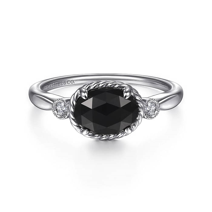 GABRIAEL & CO HAMPTON COLLECTION STERLING SILVER ROPE AND MILGRAIN RING SIZE 6.5 WITH ONE 1.47CT OVAL ONYX AND 2=0.03TW ROUND J SI2 DIAMONDS   (2.29 GRAMS)
