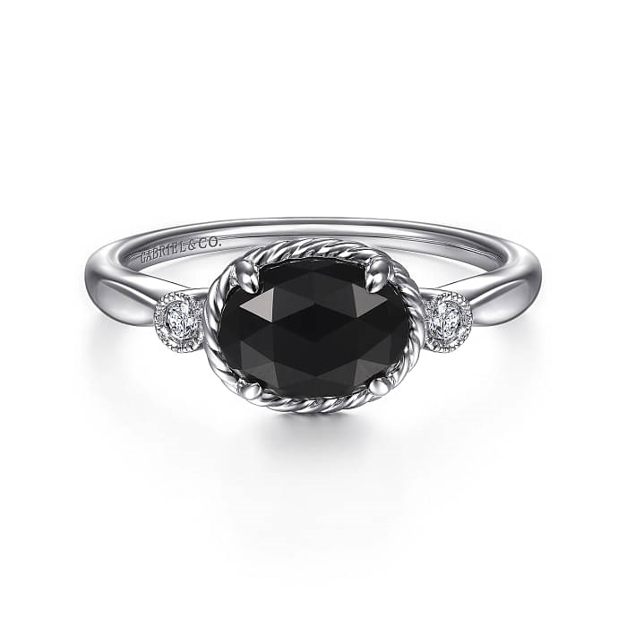 GABRIEL & CO HAMPTON COLLECTION STERLING SILVER ROPE AND MILGRAIN RING SIZE 6.5 WITH ONE 1.25CT OVAL ONYX AND 2=0.03TW ROUND J SI2 DIAMONDS   (2.31 GRAMS)