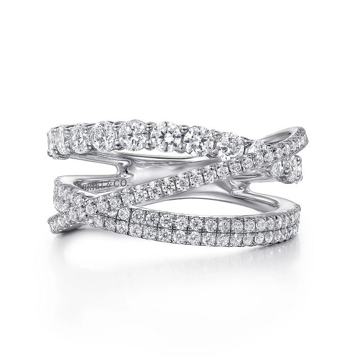 GABRIEL & CO LUSSO COLLECTION 14K WHITE GOLD CROSSOVER DIAMOND FASHION RING SIZE 6.5 WITH 106=1.20TW ROUND G-H SI1 DIAMONDS   (4.41 GRAMS)