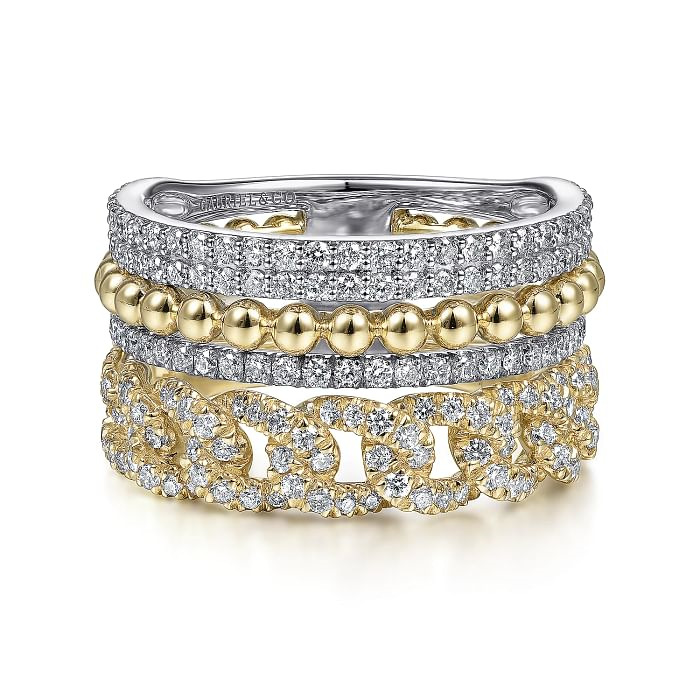 14K YELLOW & WHITE GOLD BEADED STACKABLE DIAMOND FASHION RING SIZE 6.5 WITH 187=1.02TW ROUND H SI2 DIAMONDS   (8.12 GRAMS)