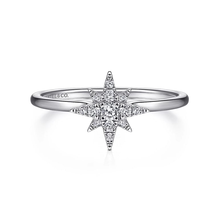 14K WHITE GOLD STARBURST DIAMOND FASHION RING SIZE 6.5 WITH 13=0.12TW ROUND H-I SI2 DIAMONDS   (1.53 GRAMS)