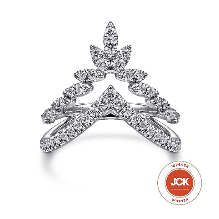 14K WHITE GOLD CHEVRON DIAMOND FASHION RING SIZE 6.5 WITH 51=0.52TW ROUND H SI2 DIAMONDS    (4.39 GRAMS)