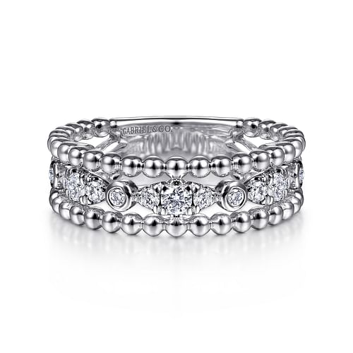 GABRIEL & CO BUJUKAN COLLECTION STERLING SILVER BEADED STACKABLE RING SIZE 6.5 WITH 21 = 0.53TW ROUND WHITE SAPPHIRES   (3.60 GRAMS)